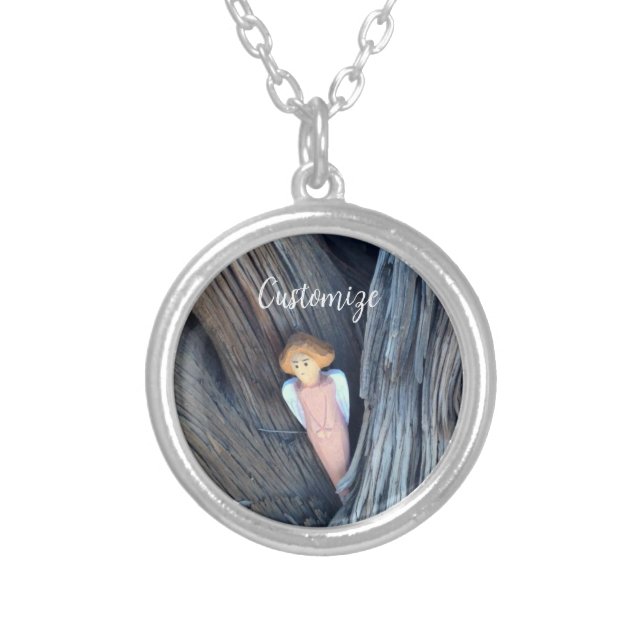 Carved angel in tree Thunder Cove Silver Plated Necklace (Front)