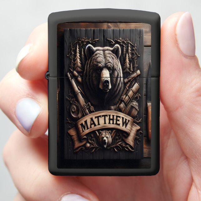 Carved Bear Sign for Matthew Zippo Lighter (In Hand)