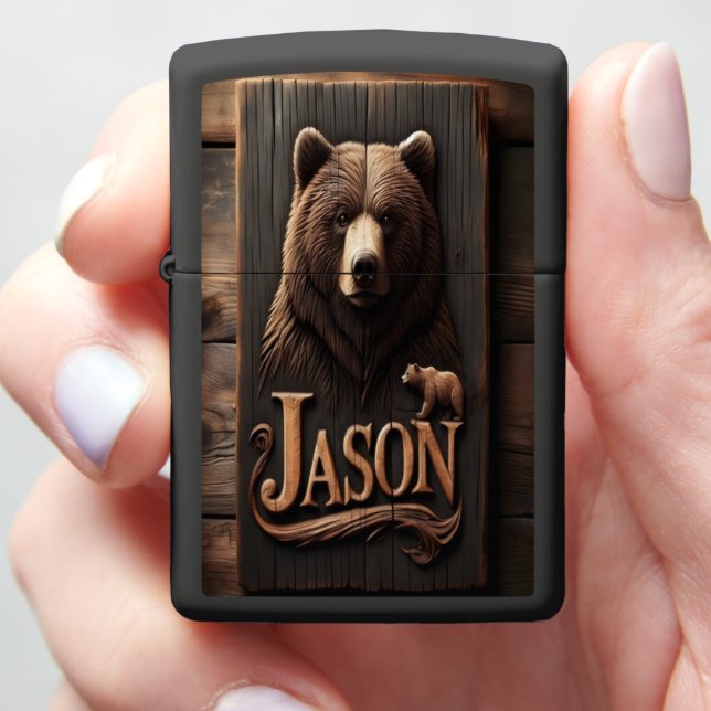 Carved Bear Wood Sign Zippo Lighter (In Hand)