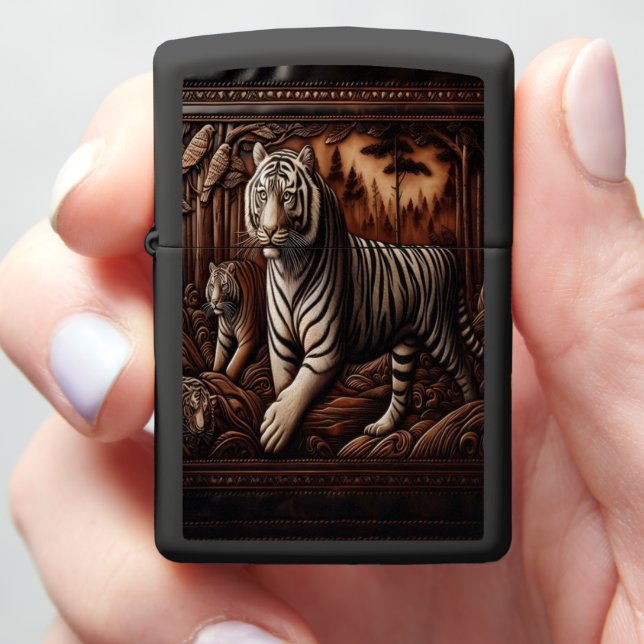 Carved Bengal Tigers In Forest Zippo Lighter (In Hand)