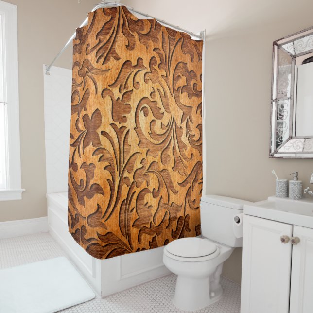 Carved Brown Wood Oriental Floral Shower Curtain (In Situ)