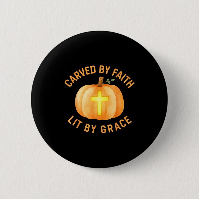 Carved By Faith Lit By Grace Pumpkin Cross Christi Button (Front)