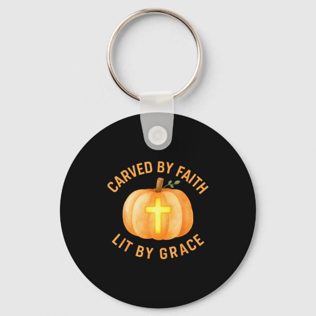 Carved By Faith Lit By Grace Pumpkin Cross Christi Keychain (Front)