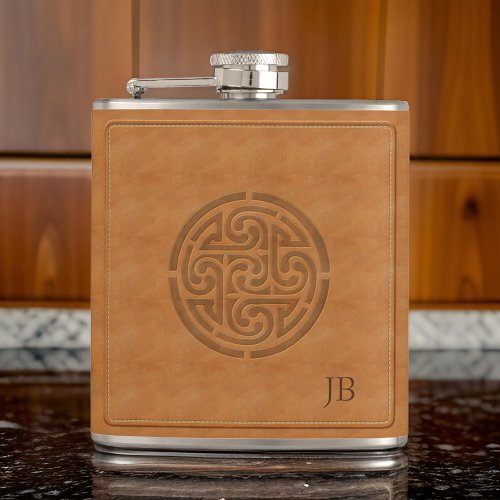 Carved Celtic Knot Faux Leather Wrapped Irish Hip Flask