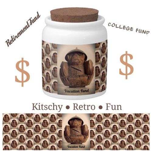 Carved Coconut Monkey Bank Retro Kitsch Candy Jar