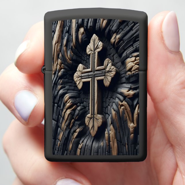 Carved Cross on Burnt Wood Zippo Lighter (In Hand)