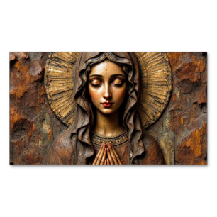 Carved Devotion Wooden Mary Business Card Magnet