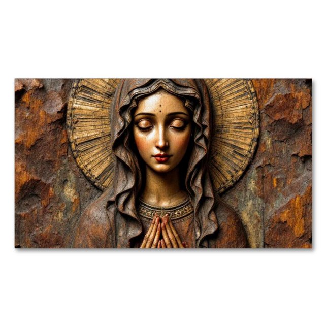 Carved Devotion  Wooden Mary Business Card Magnet (Front)