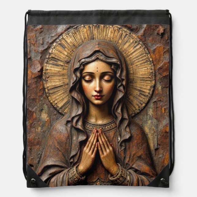 Carved Devotion  Wooden Mary Drawstring Bag (Front)