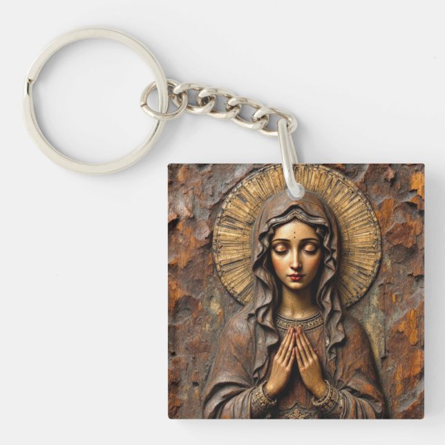 Carved Devotion  Wooden Mary Keychain (Front)