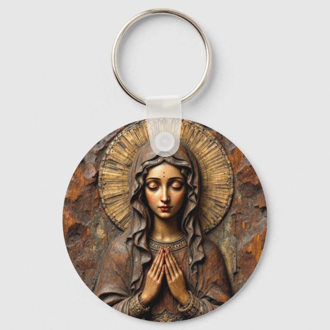 Carved Devotion  Wooden Mary Keychain (Front)