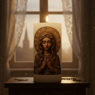 Carved Devotion  Wooden Mary Pillar Candle