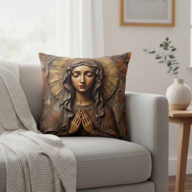 Carved Devotion  Wooden Mary Throw Pillow (Creator Uploaded)