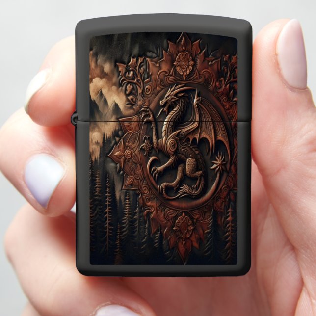 Carved Dragon On Mountain Peak Zippo Lighter (In Hand)