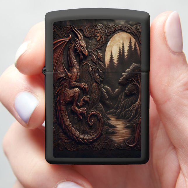 Carved Dragon Under Moonlight Zippo Lighter (In Hand)