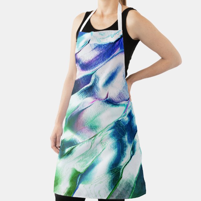 Carved from matte metal, green to blue lilac stain apron (Insitu)