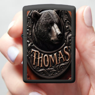 Carved Grizzly Bear Leather Plaque Zippo Lighter