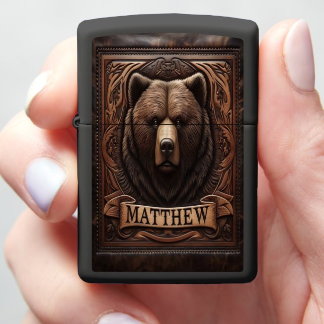 Carved Grizzly Bear Portrait Zippo Lighter (In Hand)