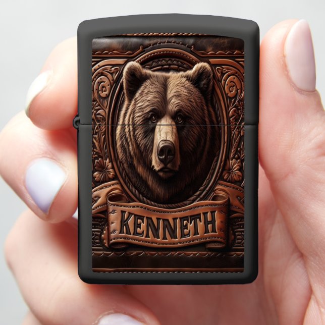 Carved Grizzly Portrait Zippo Lighter (In Hand)