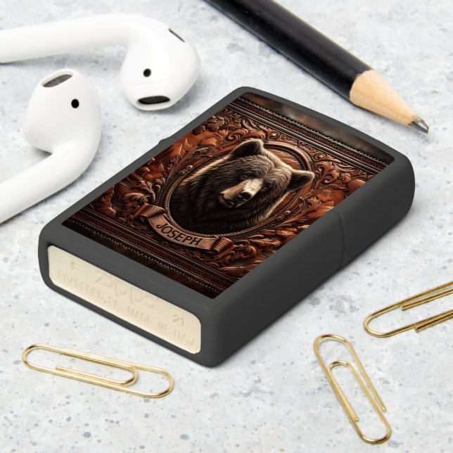 Carved Grizzly Portrait Zippo Lighter (On Table 2)