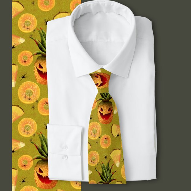 Carved Halloween  Pineapple  Neck Tie (Halloween carved tropical pineapple pattern with spiders and spiderwebs)