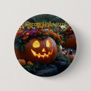 Carved Halloween pumpkins decorated with flowers Button