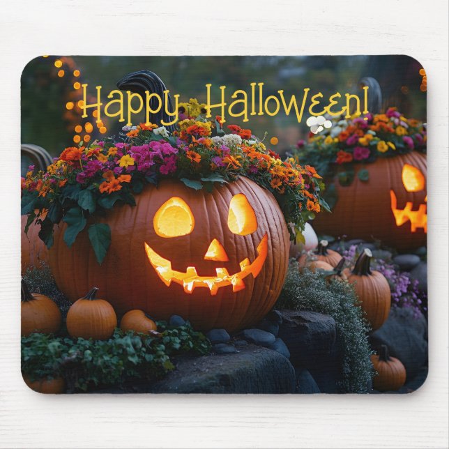 Carved Halloween pumpkins decorated with flowers Mouse Pad (Front)