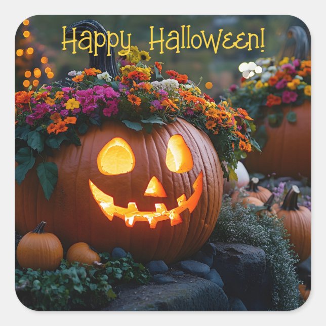 Carved Halloween pumpkins decorated with flowers Square Sticker (Front)