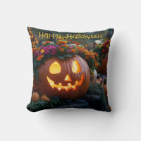 Carved Halloween pumpkins decorated with flowers