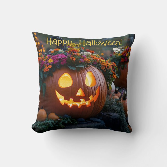 Carved Halloween pumpkins decorated with flowers Throw Pillow (Front)