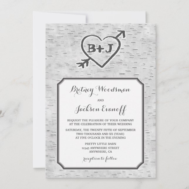 Carved Heart Birch Tree Bark Wedding Invitations (Front)