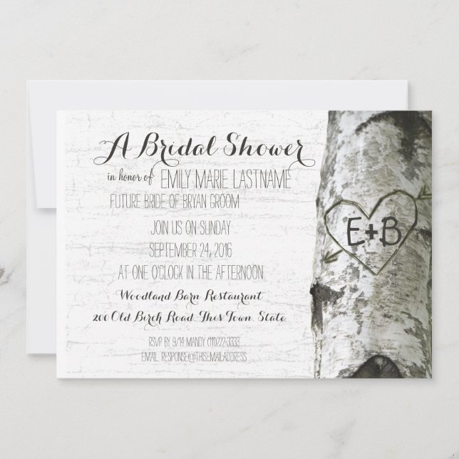 Carved Heart Birch Tree Bridal Shower Invitation (Front)