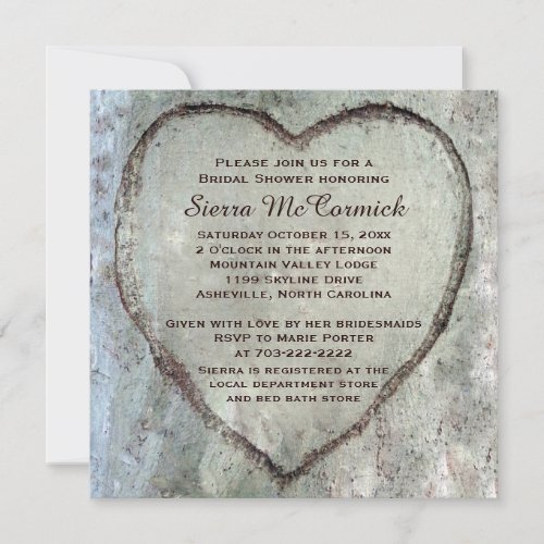 Carved Heart Birch Tree Bridal Shower Invitation