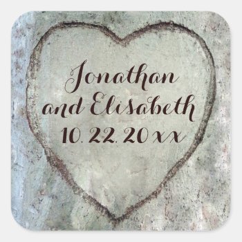 Carved Heart Birch Tree Wedding Favor Square Sticker by bridalwedding at Zazzle