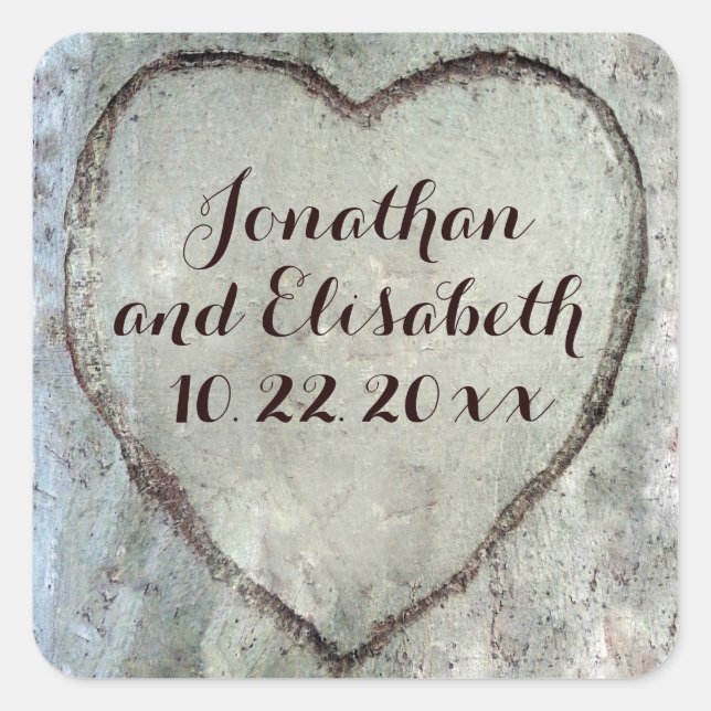 Carved Heart Birch Tree Wedding Favor Square Sticker (Front)