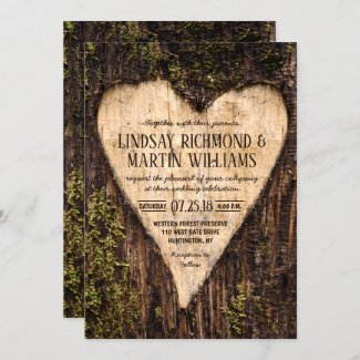 Carved Heart Country Rustic Tree Wedding Invitation