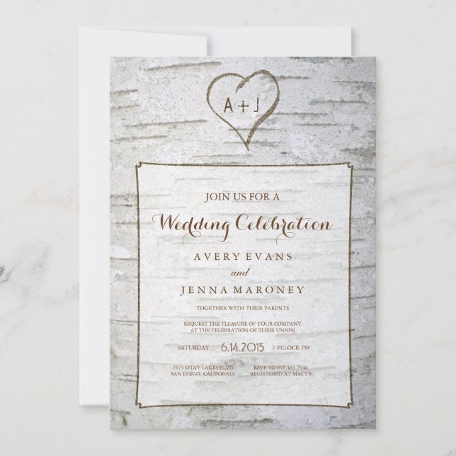 Carved Heart in Tree Wedding Invitation (Front)