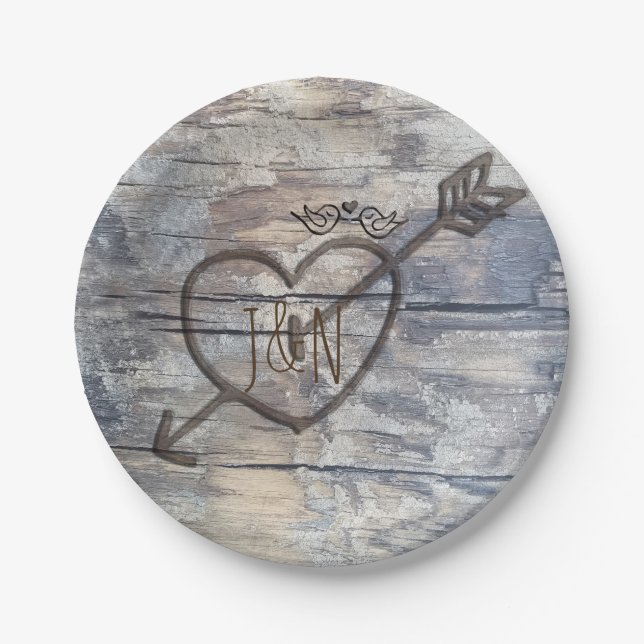Carved Heart in Wood Love Birds Wedding Reception Paper Plates (Front)