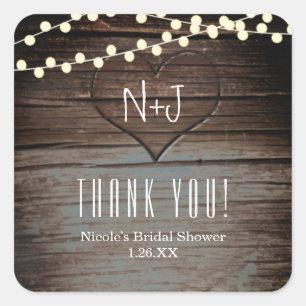 Carved Heart in Wood & String Lights Rustic Favor Square Sticker