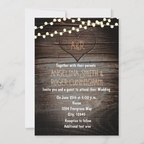 Carved Heart in Wood  String Lights Wedding Invitation