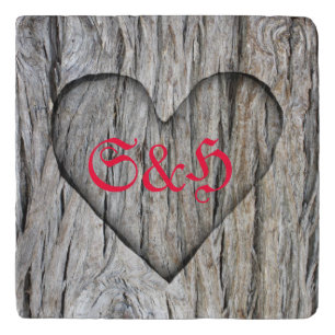 Carved Heart On Wood - Monograms Stone Trivet
