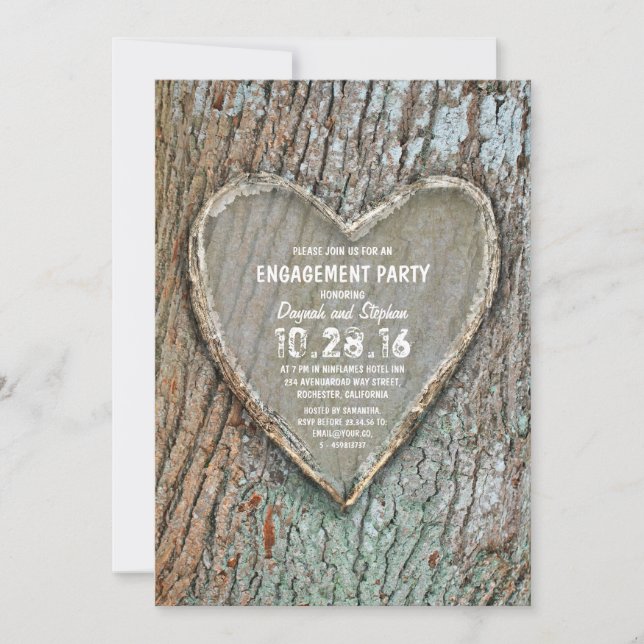Carved heart rustic country tree engagement party invitation (Front)
