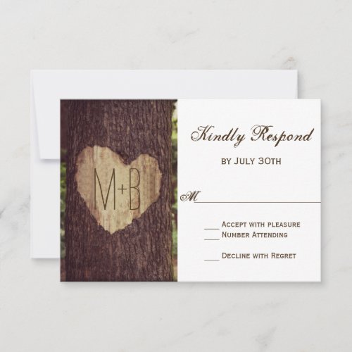 Carved Heart Rustic Tree Wedding RSVP Cards