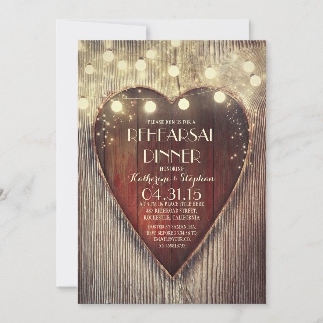 carved heart string lights wooden rehearsal dinner invitation (Front)