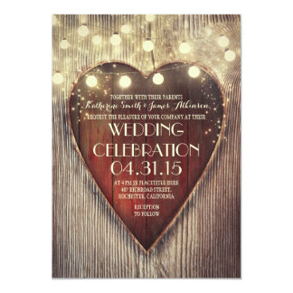 carved heart string lights wooden wedding invites