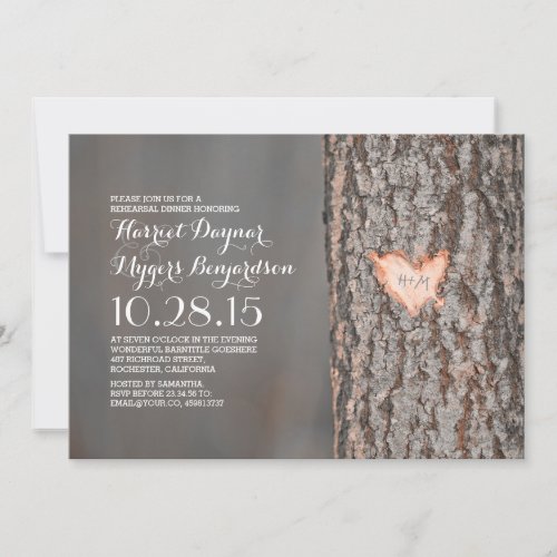 carved heart tree rustic country rehearsal dinner invitation