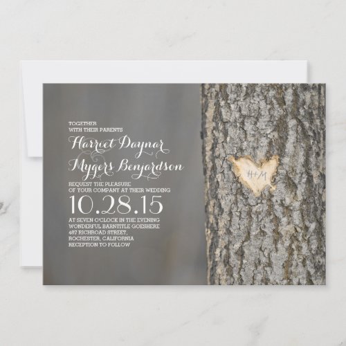carved heart tree rustic country wedding invitation