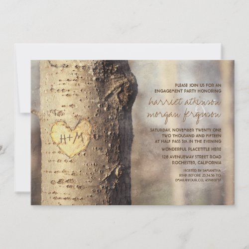 carved heart tree rustic engagement party invitation