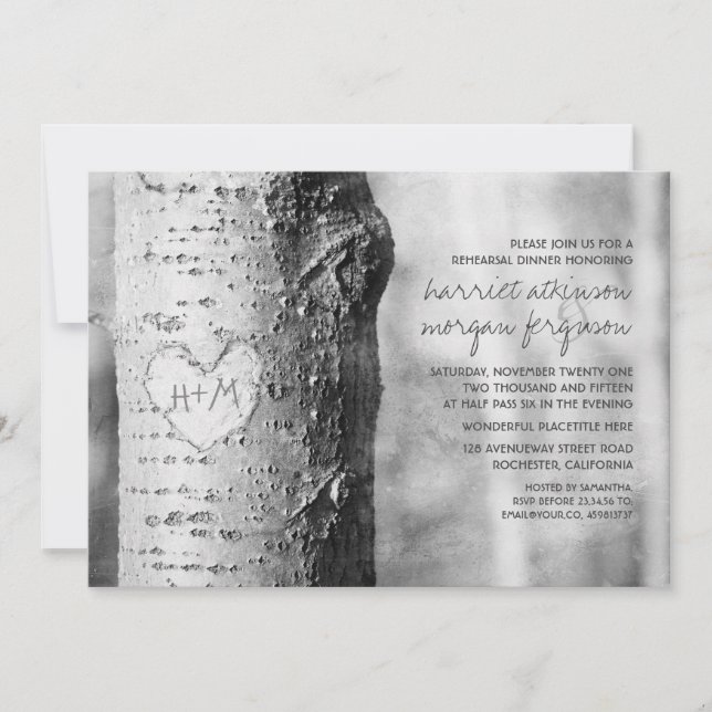 carved heart tree rustic rehearsal dinner invitation (Front)