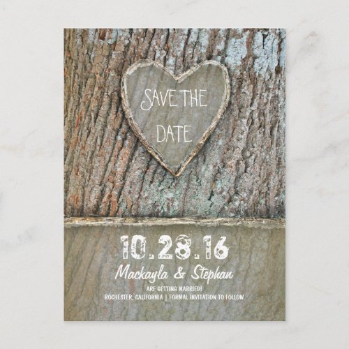 Carved heart tree rustic save the date postcards